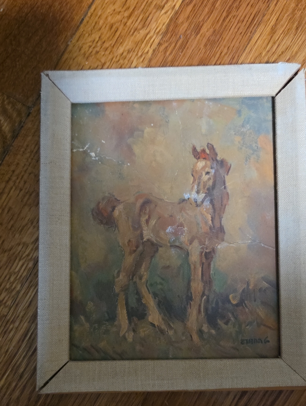 RAY C STRANG. Brown Foal Oil Painting - Rustic Animal Art